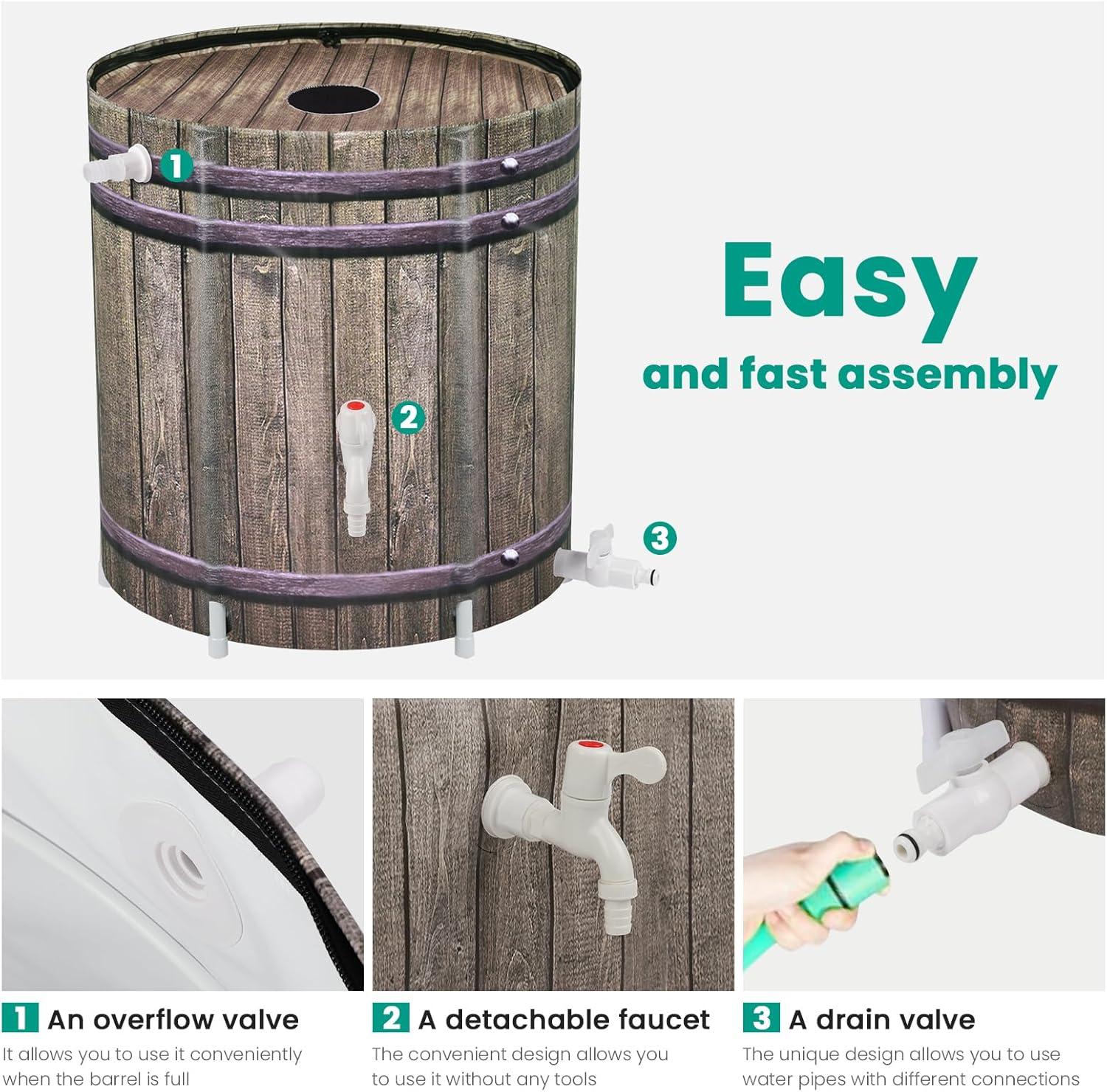 50 Gallon Collapsible Rain Barrel With Filter, Spigots, Overflow Kit For Rainwater Collection