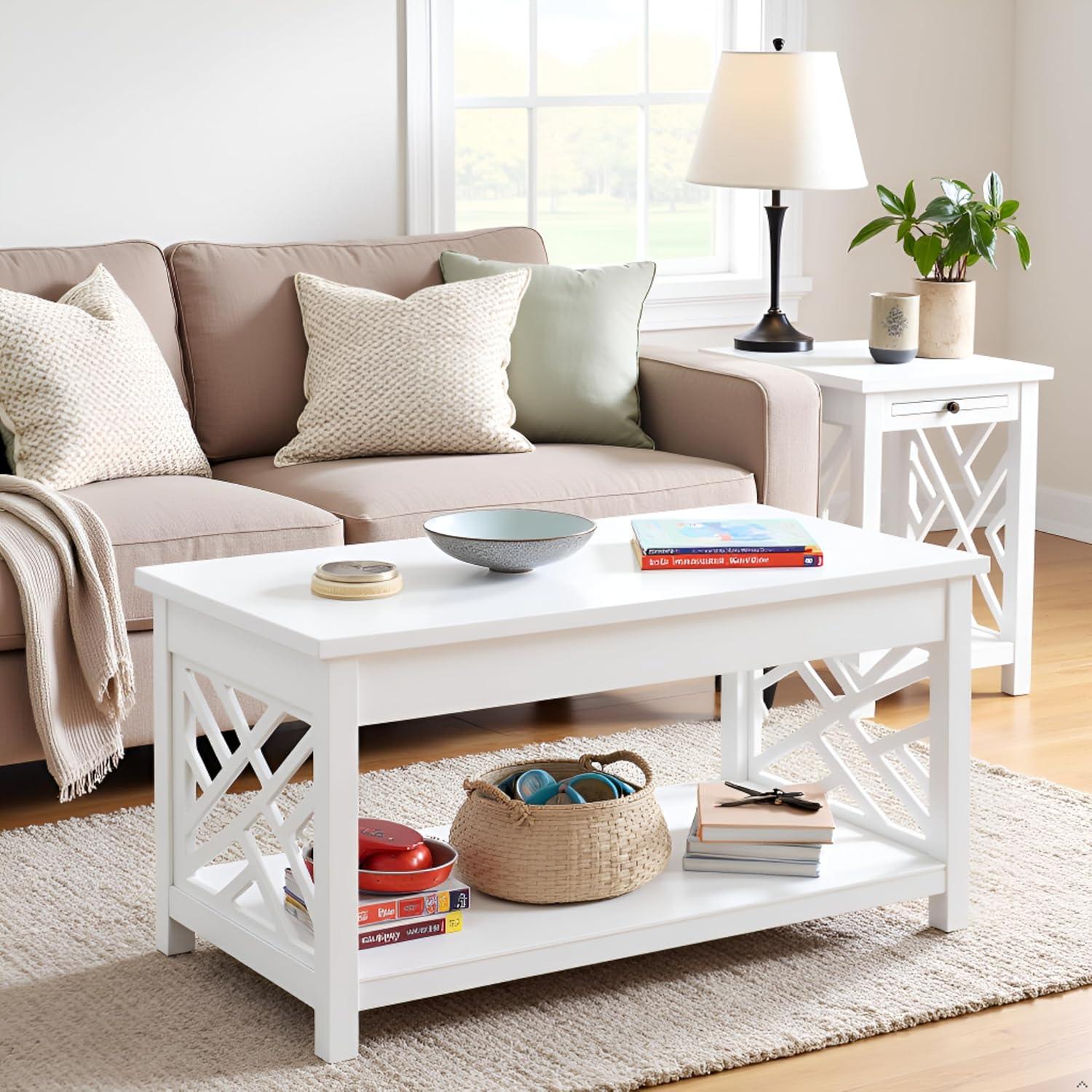 36" Middlebury Coffee Table and End Table with Tray White - Alaterre Furniture: Pull-Out Tray, 2-Piece Set