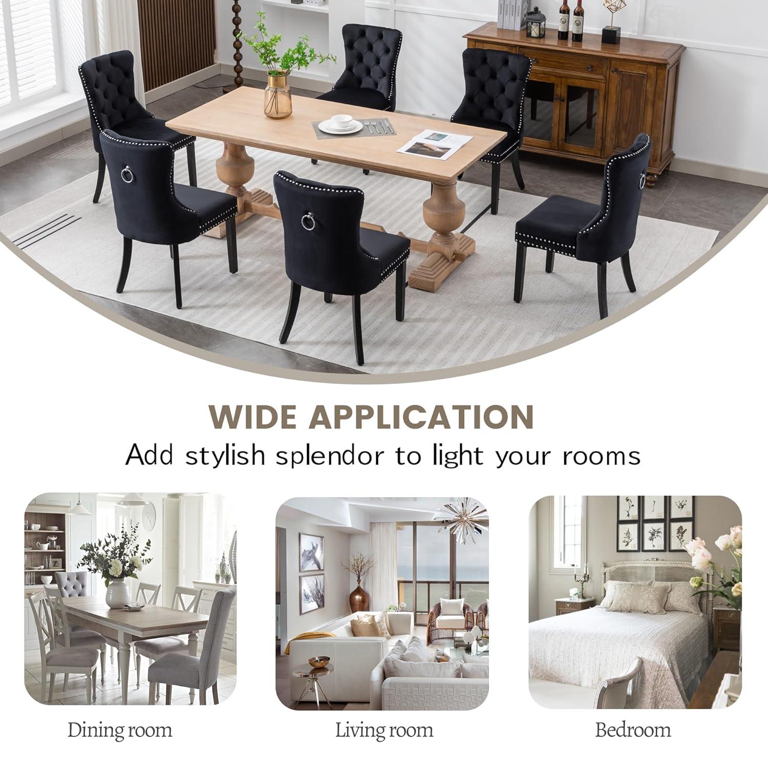 KCC Velvet Dining Chairs Set of 2, Upholstered High-end Tufted Dining Room Chair with Nailhead Back Ring Pull Trim Solid Wood Legs, Nikki Collection Modern Style for Kitchen, Black