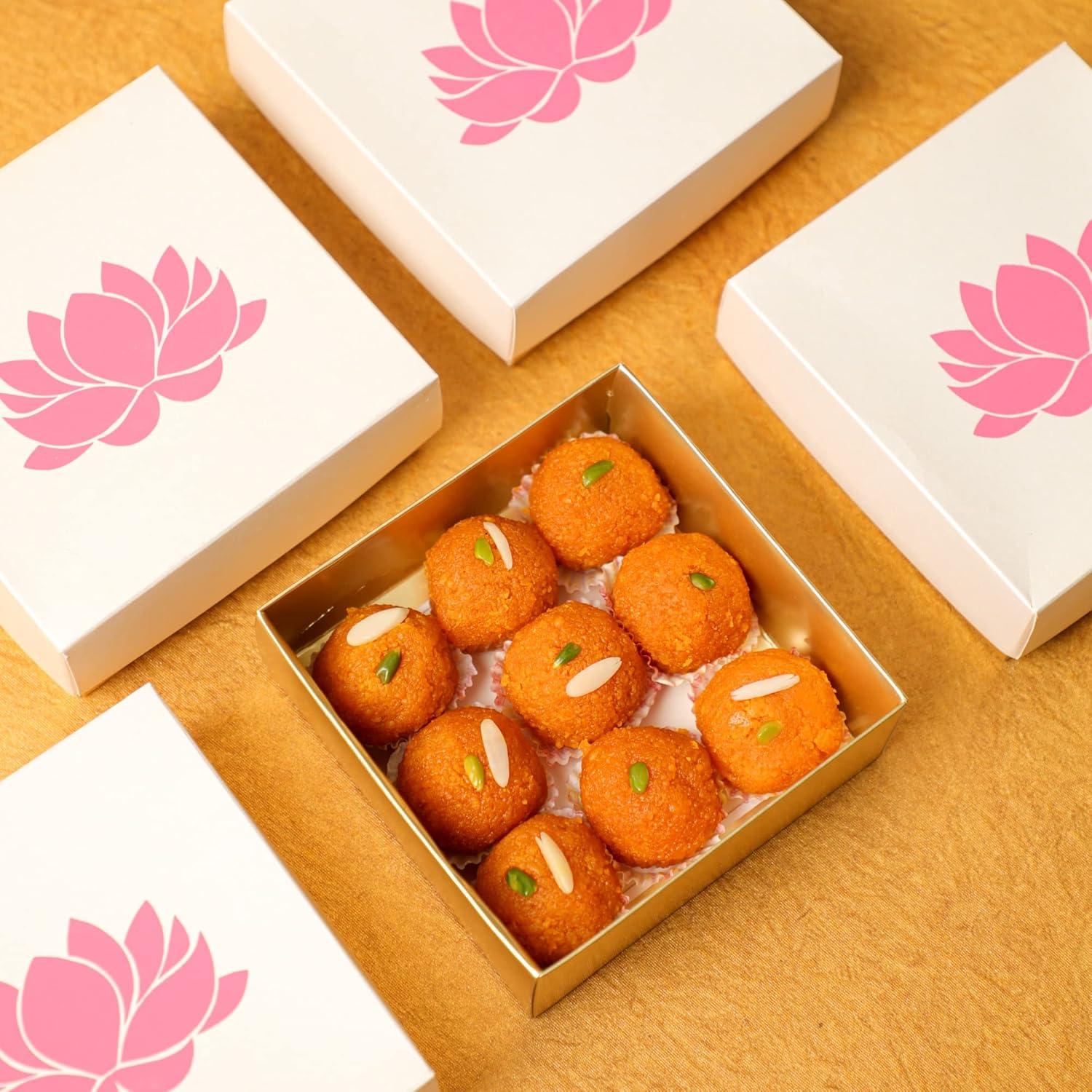 Handmade White and Pink Lotus Print Rectangular Paper Sweet Boxes