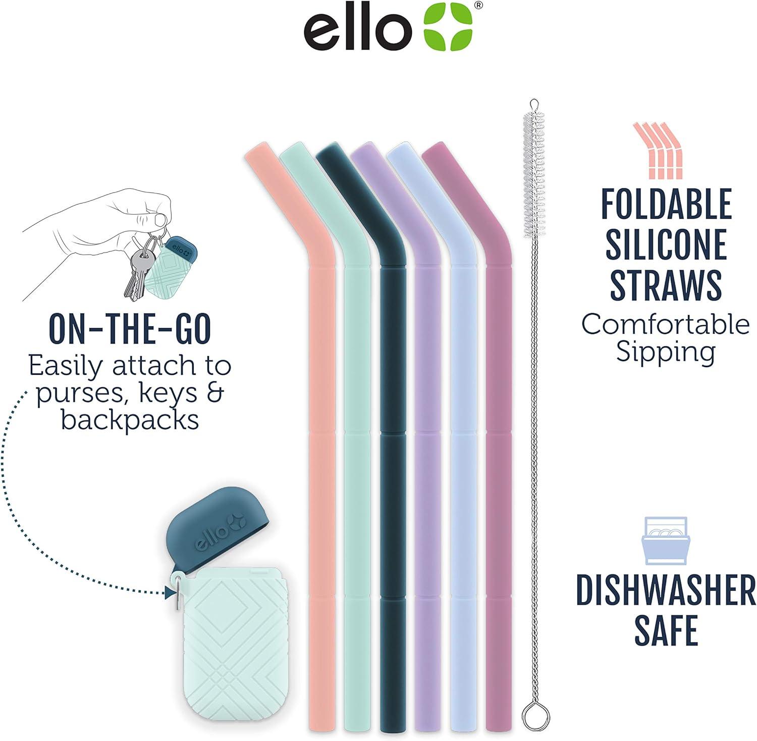 Ello Impact Silicone Fold & Store Straws with Carry Case, 6 Piece, Beach House