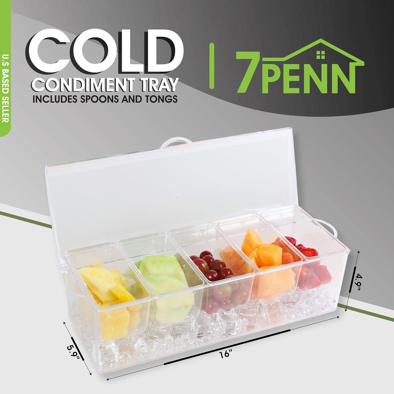 7Penn | Condiment Tray with Ice Chamber Lid Tongs Spoons 5 Condiment Containers
