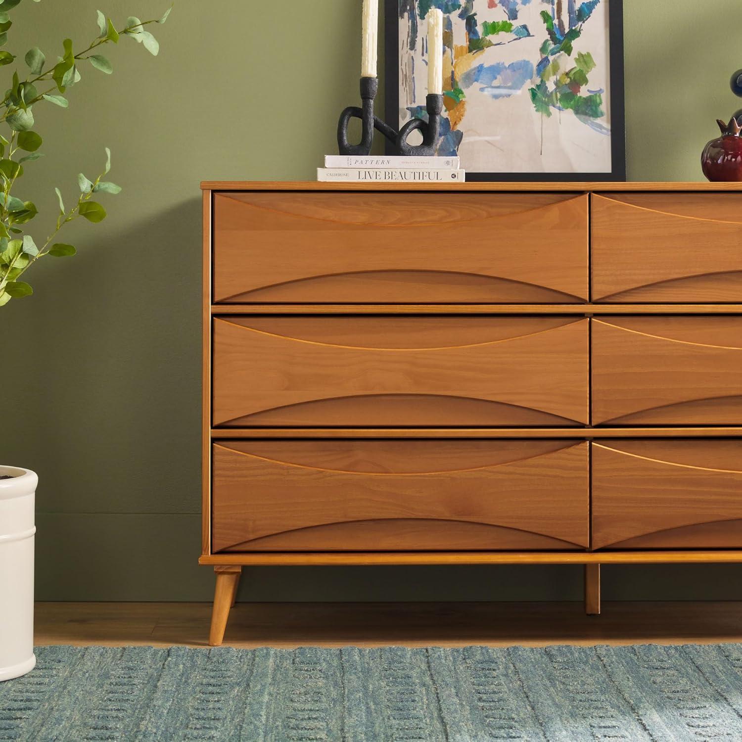 Walker Edison 58” Mid-Century Modern Curved Front 6-Drawer Dresser, Caramel