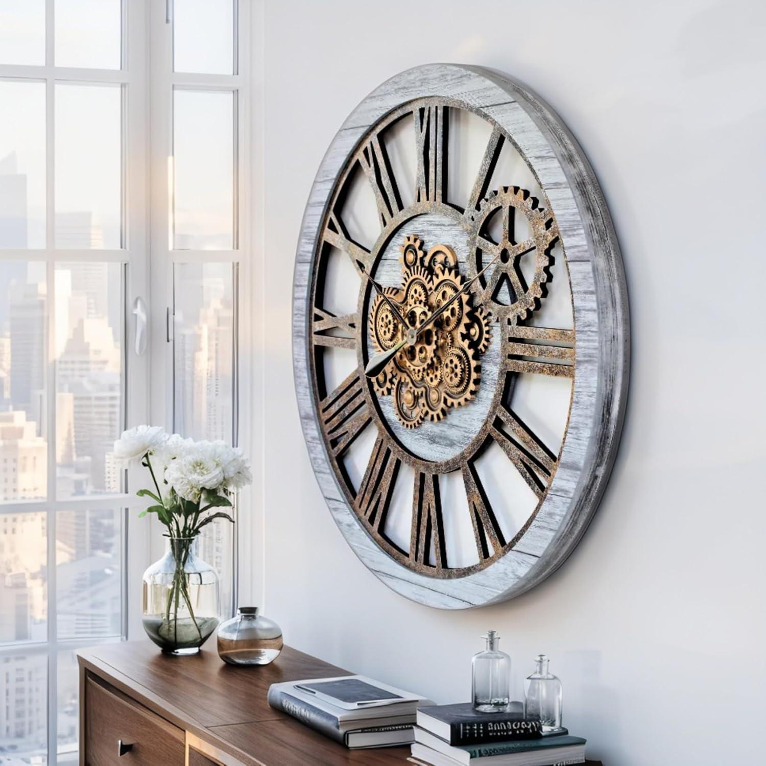 The Gears Clock Wall Clock 36" Round Oversized for Living Room decor with Real Moving Gears America Collection