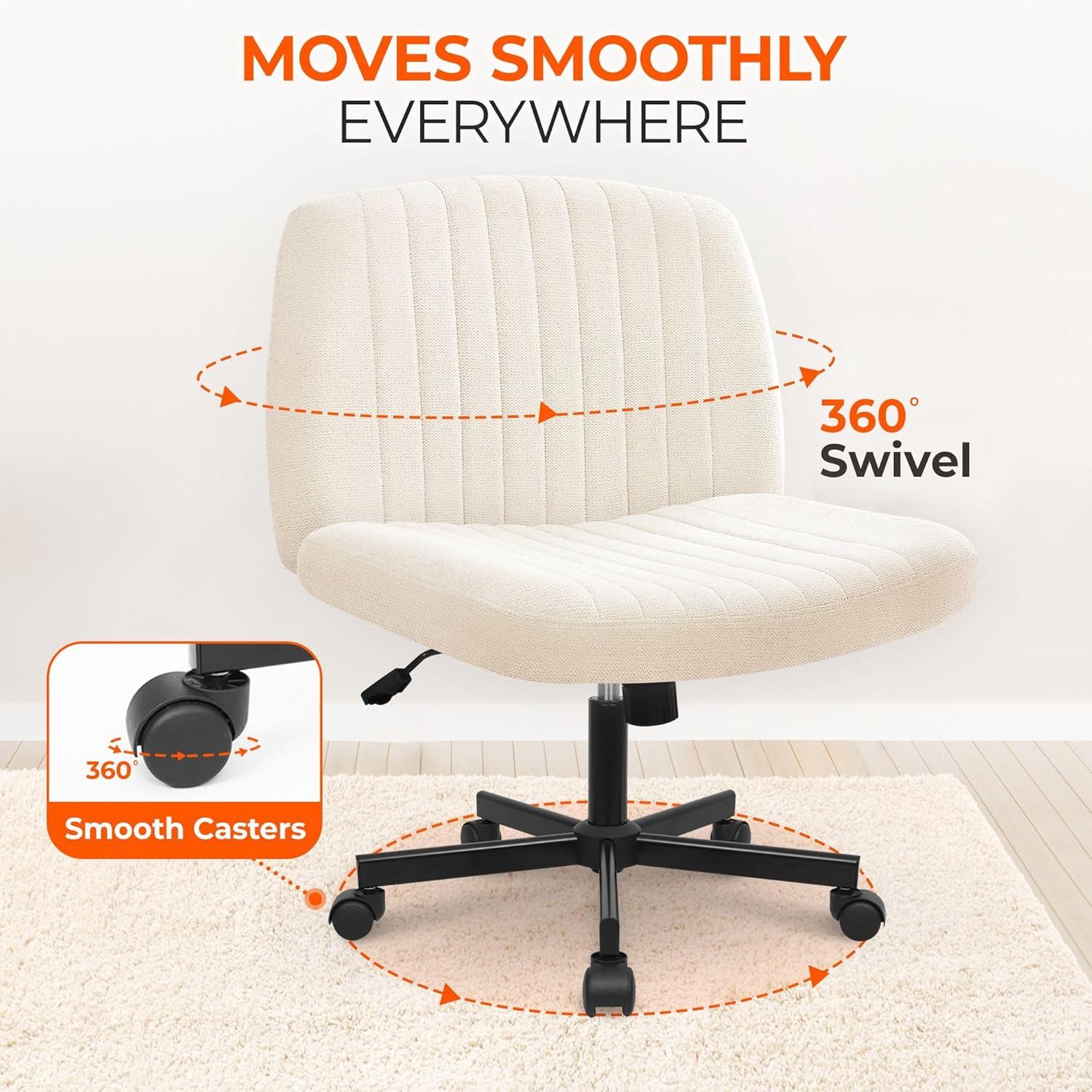 Orange Factory Beige Office Chair, Armless Criss Cross Legged Chair with Wheels, Comfy Home Office Desk Chairs, Adjustable Swivel Padded Fabric Vanity Task Computer Chair
