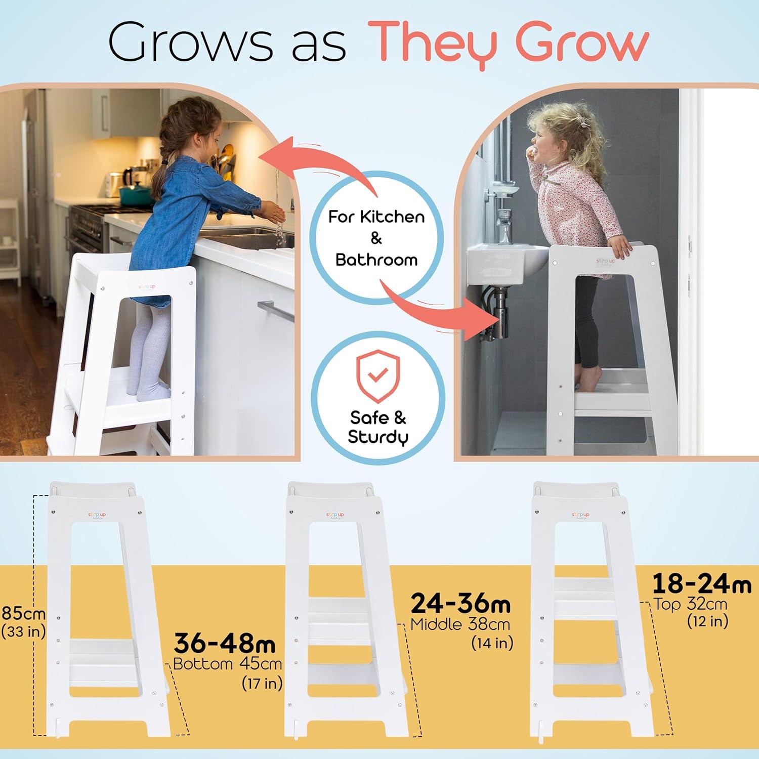 Stepup Baby Toddler Tower with Adjustable Step, White Montessori-Inspired Toddler Step Stool, Standing Tower for Kids, Fits Under Kitchen Counters, Adjustable for 18 Month - 5 Years