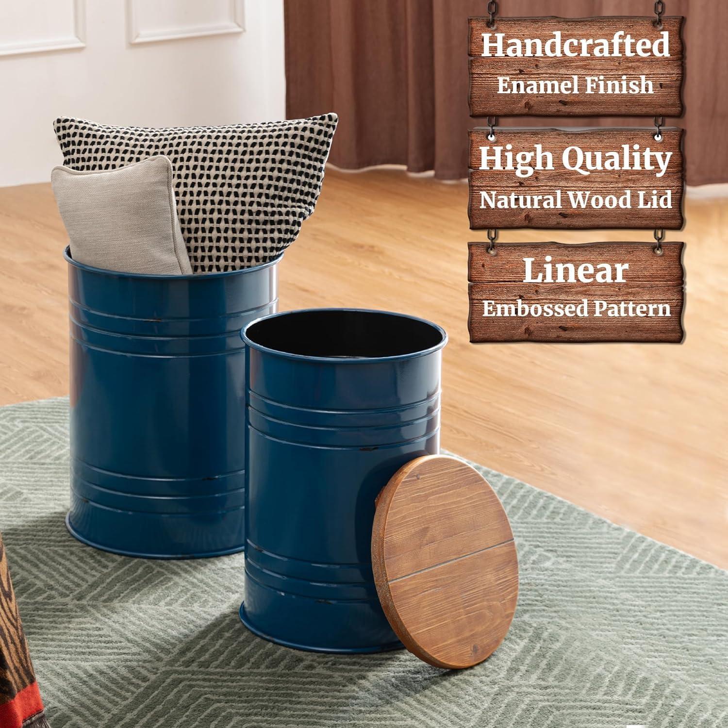 Glitzhome  Industrial Farmhouse Round Storage Side Tables (Set of 2) Solid Navy Blue Seating, Hidden Storage Side Tables