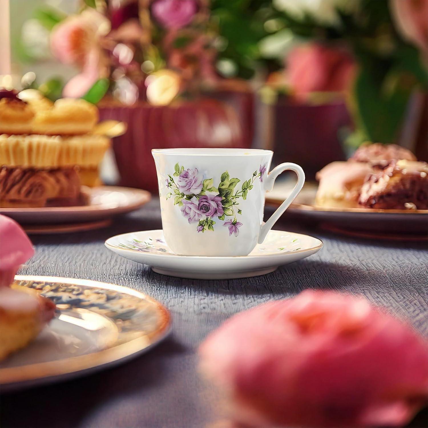 Lucinda Floral Ceramic Teacup and Saucer Set with Gold Trim