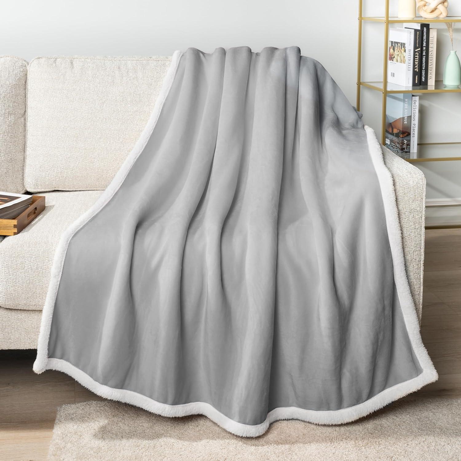 PAVILIA Premium Faux Shearling Fleece Throw Blanket for Bed, Reversible Warm Blanket for Couch Sofa, Light Gray/Throw - 50x60