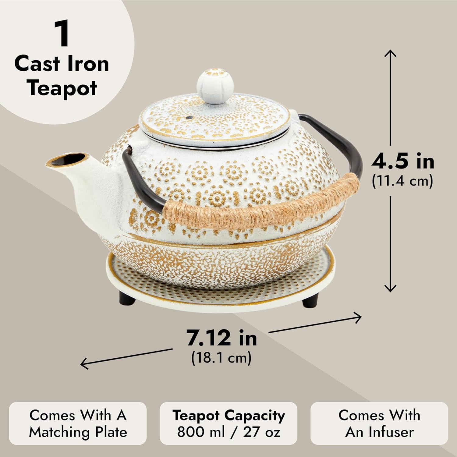 White and Gold Cast Iron Japanese Teapot Set with Infuser and Trivet