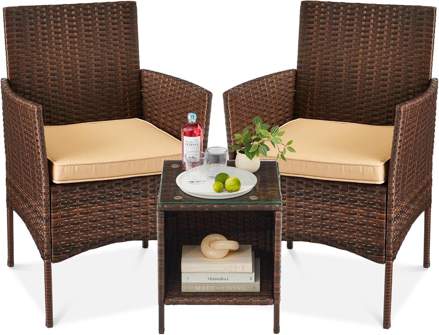 Best Choice Products 3-Piece Outdoor Wicker Conversation Patio Bistro Set, w/ 2 Chairs, Table