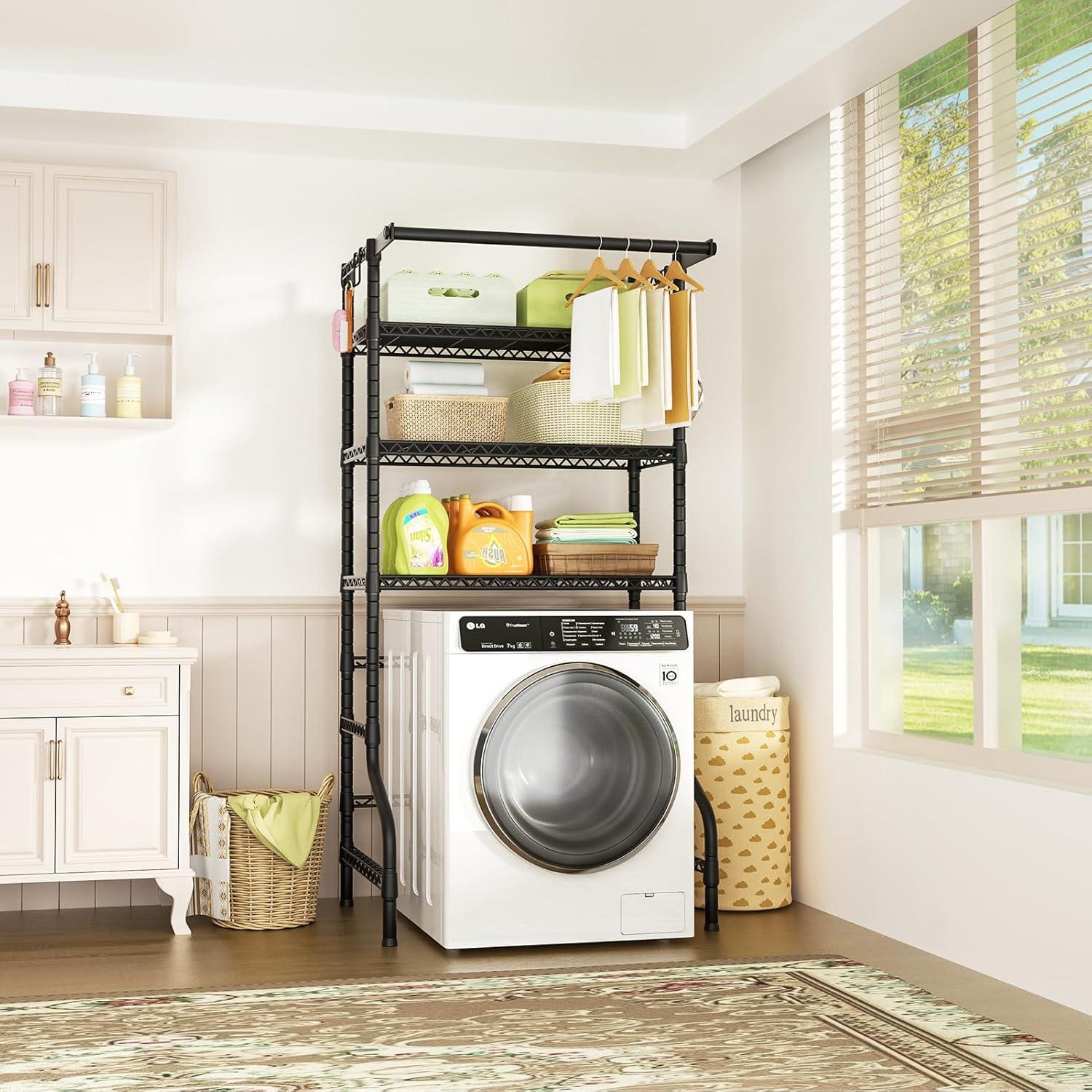 Mini Over Washer and Dryer Shelves, 3 Tiers Laundry Room Storage and Organizer Standing Shelf, Metal Freestanding Clothes Drying Rack, 28.3”W x 19.7”D x 77.6”H, Black