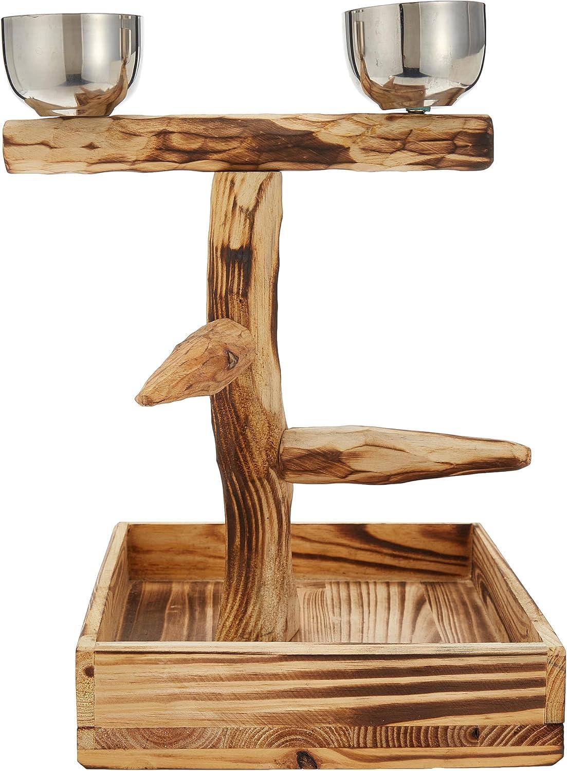 Medium Natural Wood Bird Perch with Stainless Steel Cups