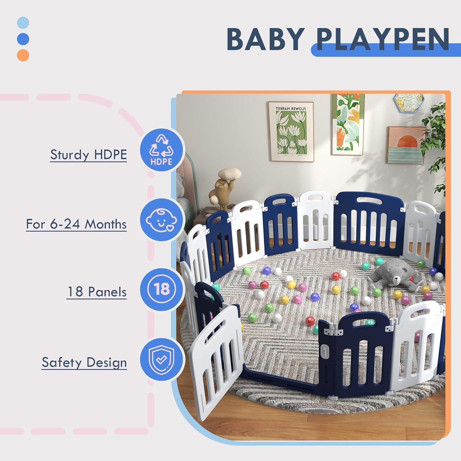 Qaba Baby Playpen, 18 Panels Sturdy Safety Play Yard for Babies and Toddlers, 85" x 57" Foldable Baby Playard, Indoor Outdoor Kids Activity Center with Anti-Slip Base