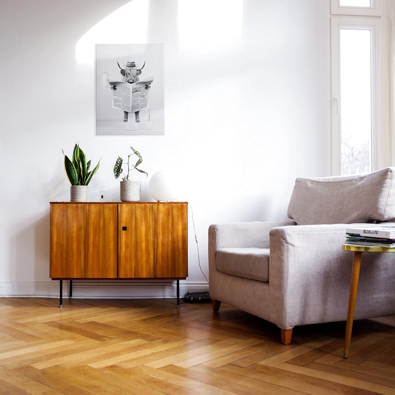 Modern Black Framed Highland Cow Wall Art Minimalist Bathroom Wall Decor Cute Funny Animals Artwork Canvas Prints Ready to Hang for Guest Bathroom, Hotel, Condo, Kids Bathroom, 12”x16”