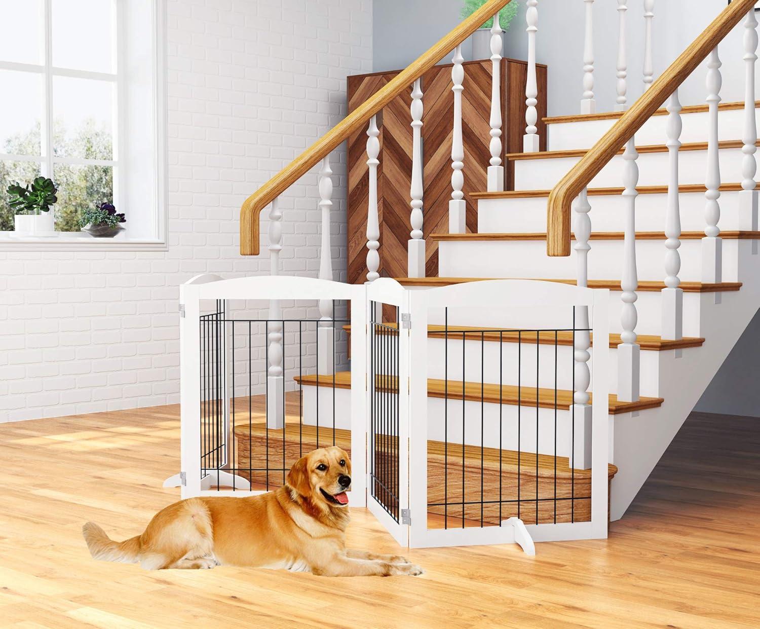 White Freestanding Foldable Wooden Pet Gate with Steel Wire