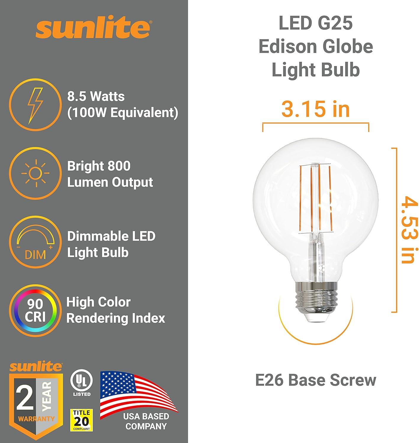 Sunlite 8.5w LED G40 Edison Globe Antique E26 Base 2700K Bulb - 100W Equiv