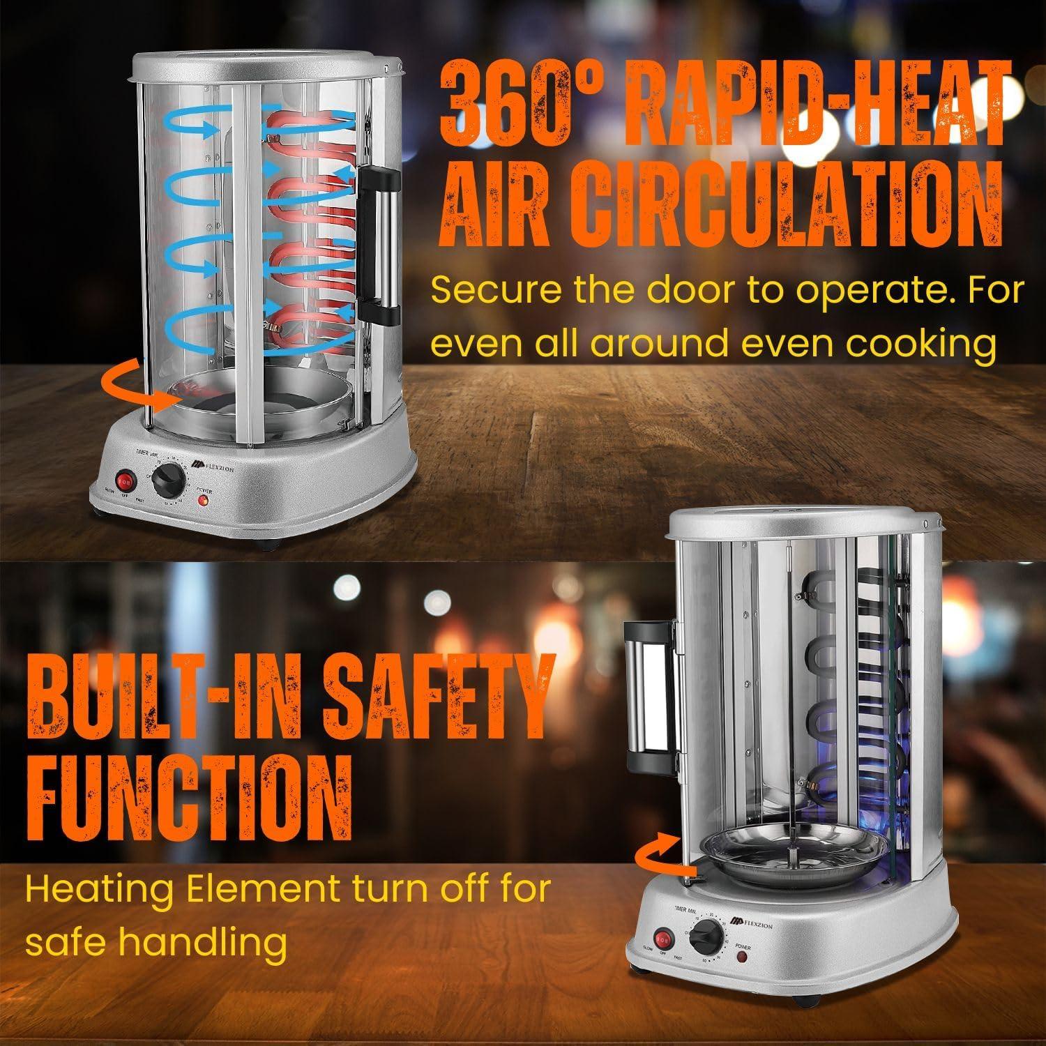 Vertical Tower Rotating Rotisserie Oven Grill - Shawarma Kebab Electric Cooker Machine Countertop w/ Stainless Doner Kebab Skewers & Rack Accessories Stain Resistant 5 in 1 for Professional & Home Use