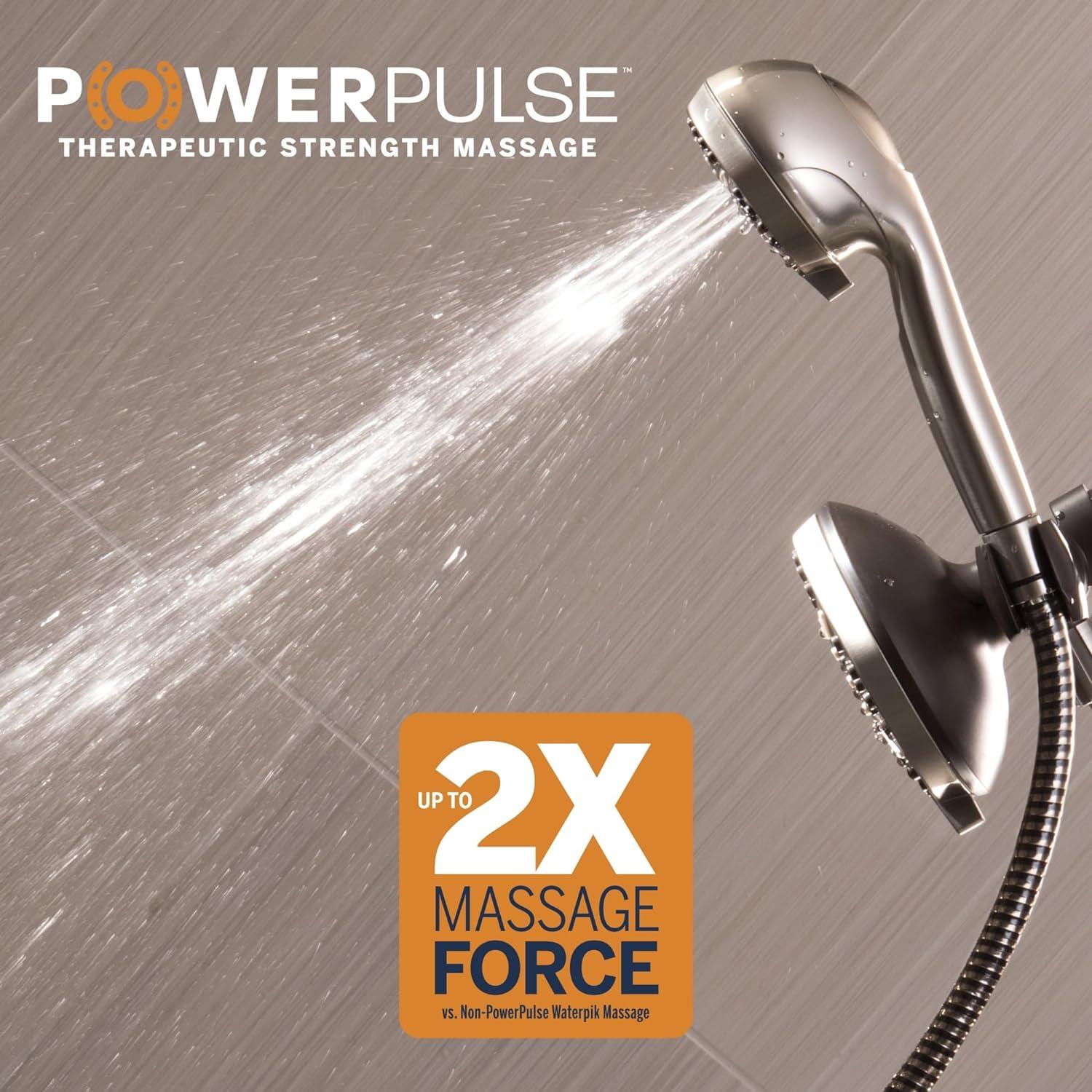 6+6 Power Pulse Dual Shower Head Brushed Nickel - Waterpik: EPA WaterSense, 12 Spray Options, Handheld Combo