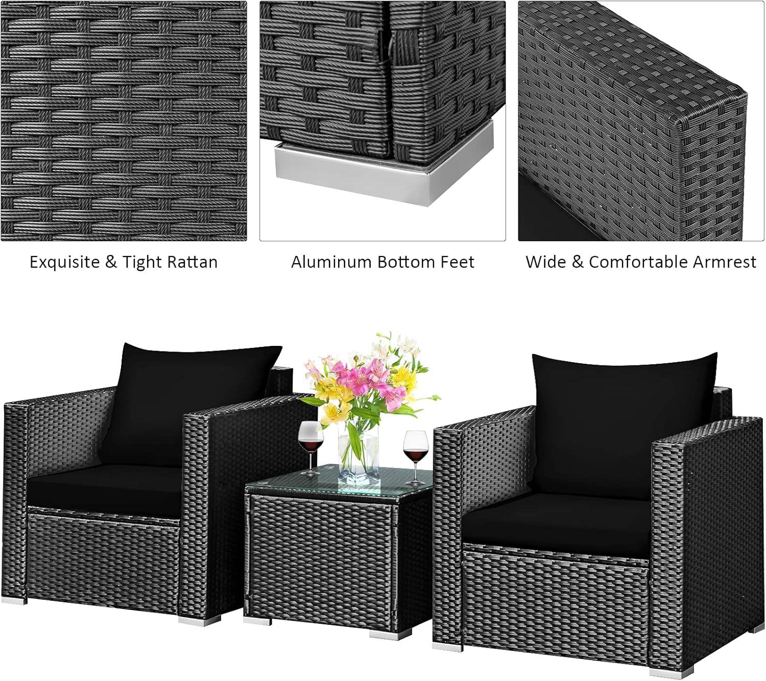 Resenkos 3 Pieces Patio Wicker Conversation Set, Outdoor Furniture Garden Conversation Bistro Sets with Coffee Table and Cushions-Black