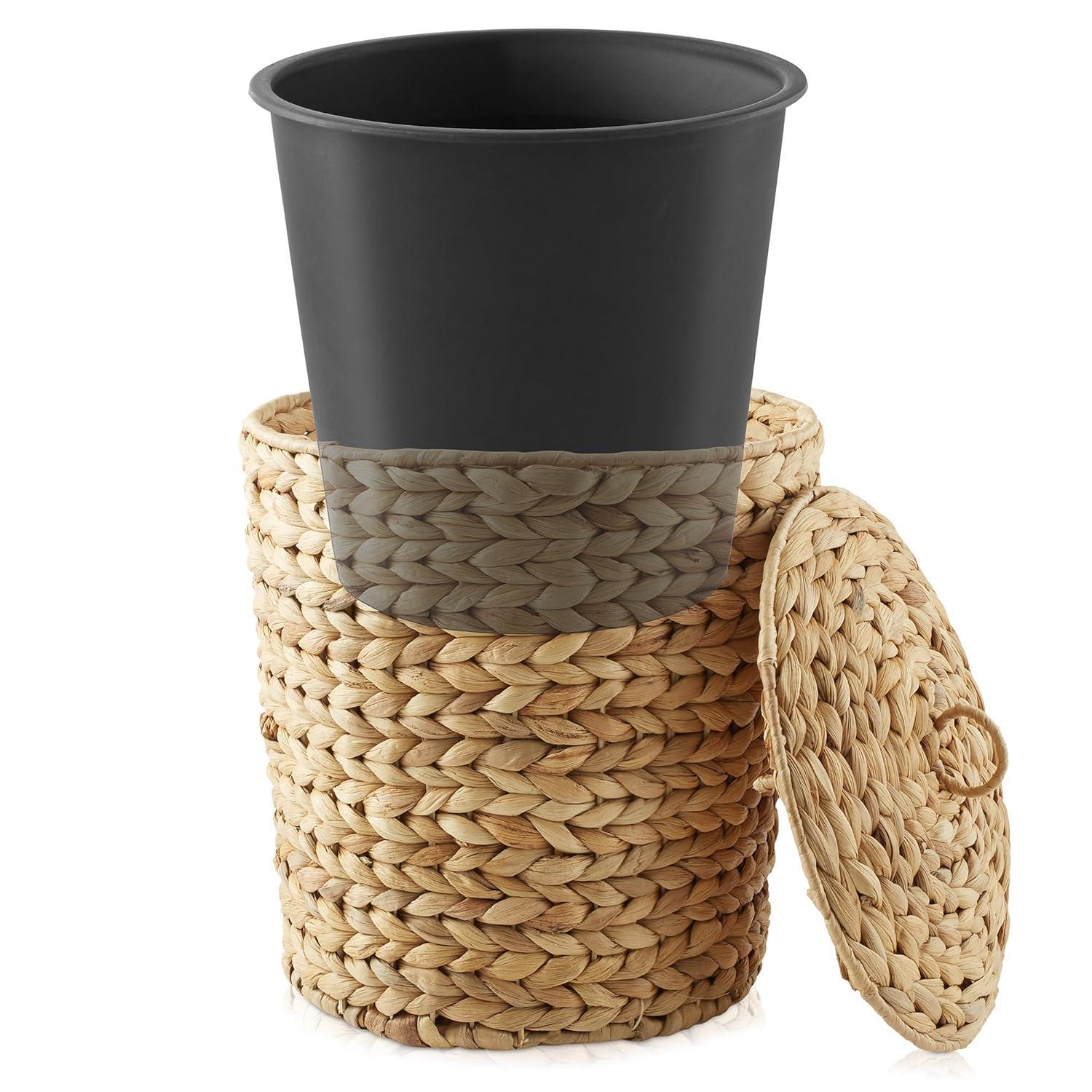 Water Hyacinth Waste Basket w Lid - Natural, Woven Bathroom Trash Can