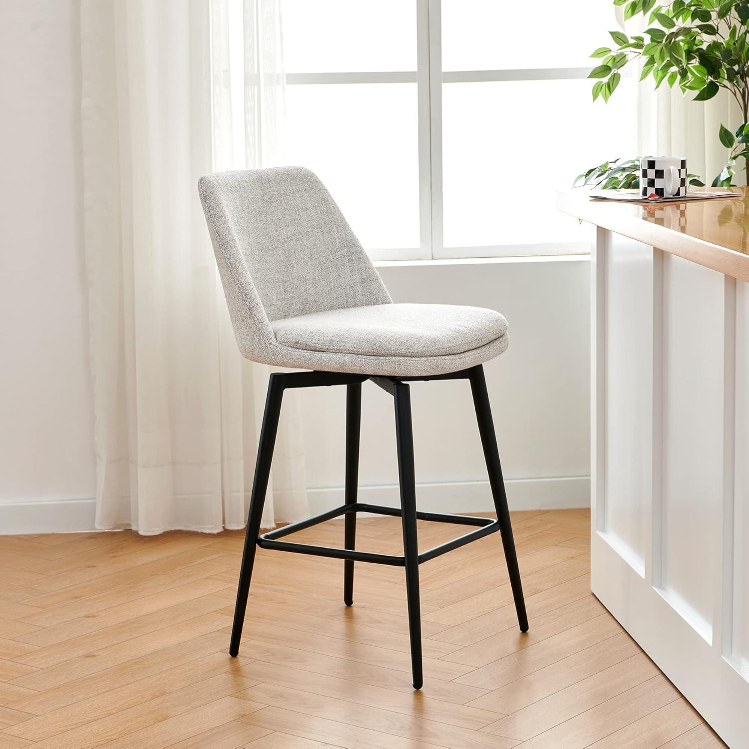 White Upholstered Fabric Swivel Bar Stools with Metal Base, Set of 2