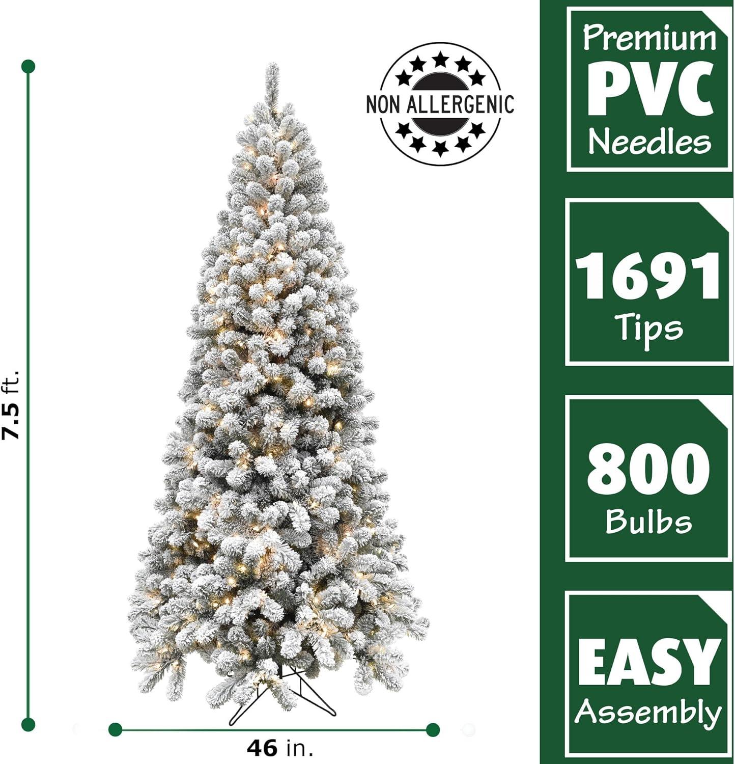 Fraser Hill Farm 7.5-Ft. Alaskan Pine Flocked Artificial Christmas Tree with Warm White LED Lights