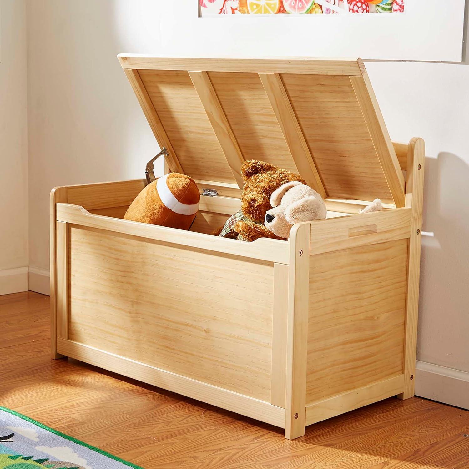 Light Wood Toy Chest with Safety-Hinged Lid