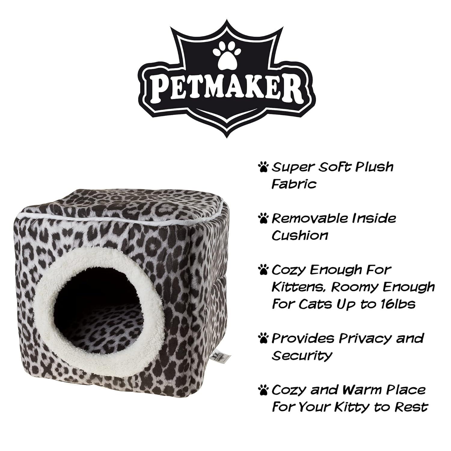 Cat House - Indoor Bed with Removable Foam Cushion - Cat Cave for Puppies, Rabbits, Guinea Pigs, and Other Small Animals by PETMAKER (Animal Print)