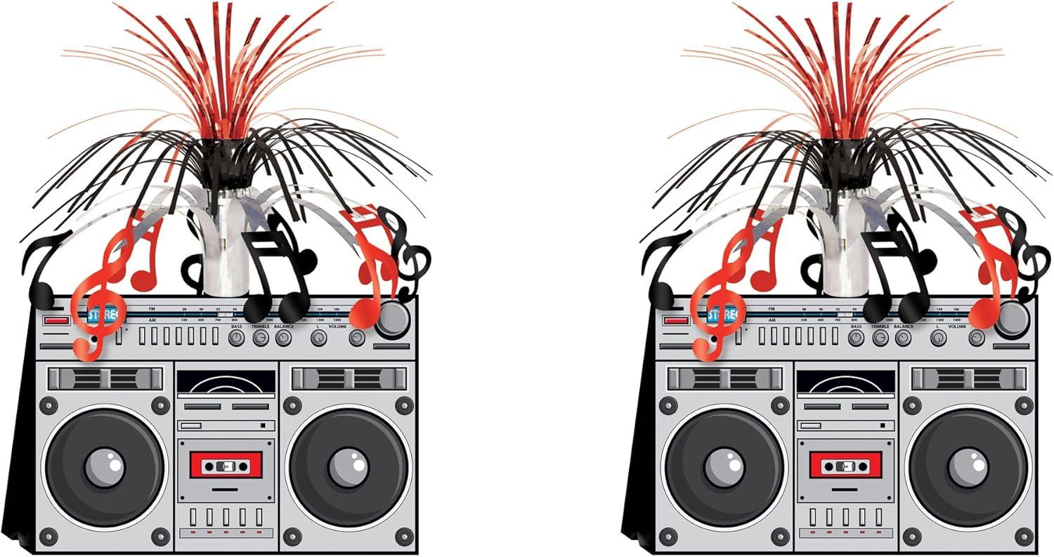Beistle 2-Pack Boom Box Centerpieces, 80s Era Themed Party Decorations, Decades Music Party Table Decor, Hip Hop Party Accessories for Birthday, 14"