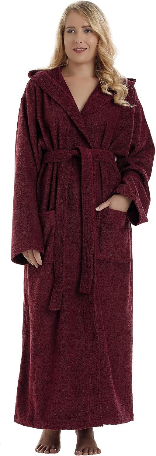 Women's Small Burgundy Cotton Hooded Full Length Bathrobe