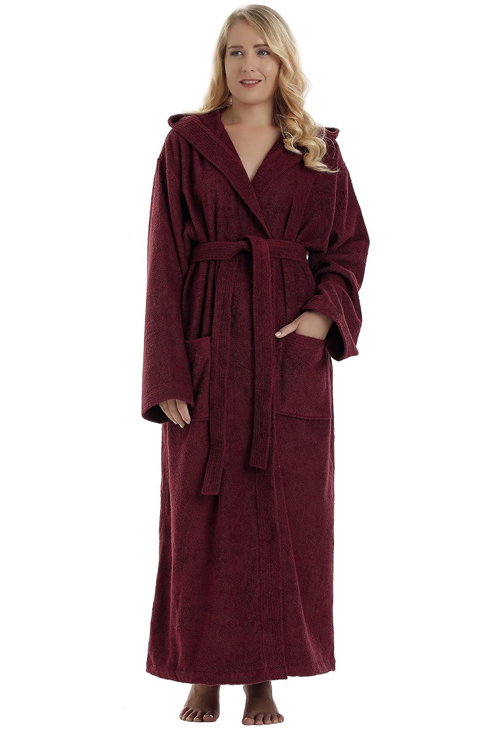 Women's Small Burgundy Cotton Hooded Full Length Bathrobe