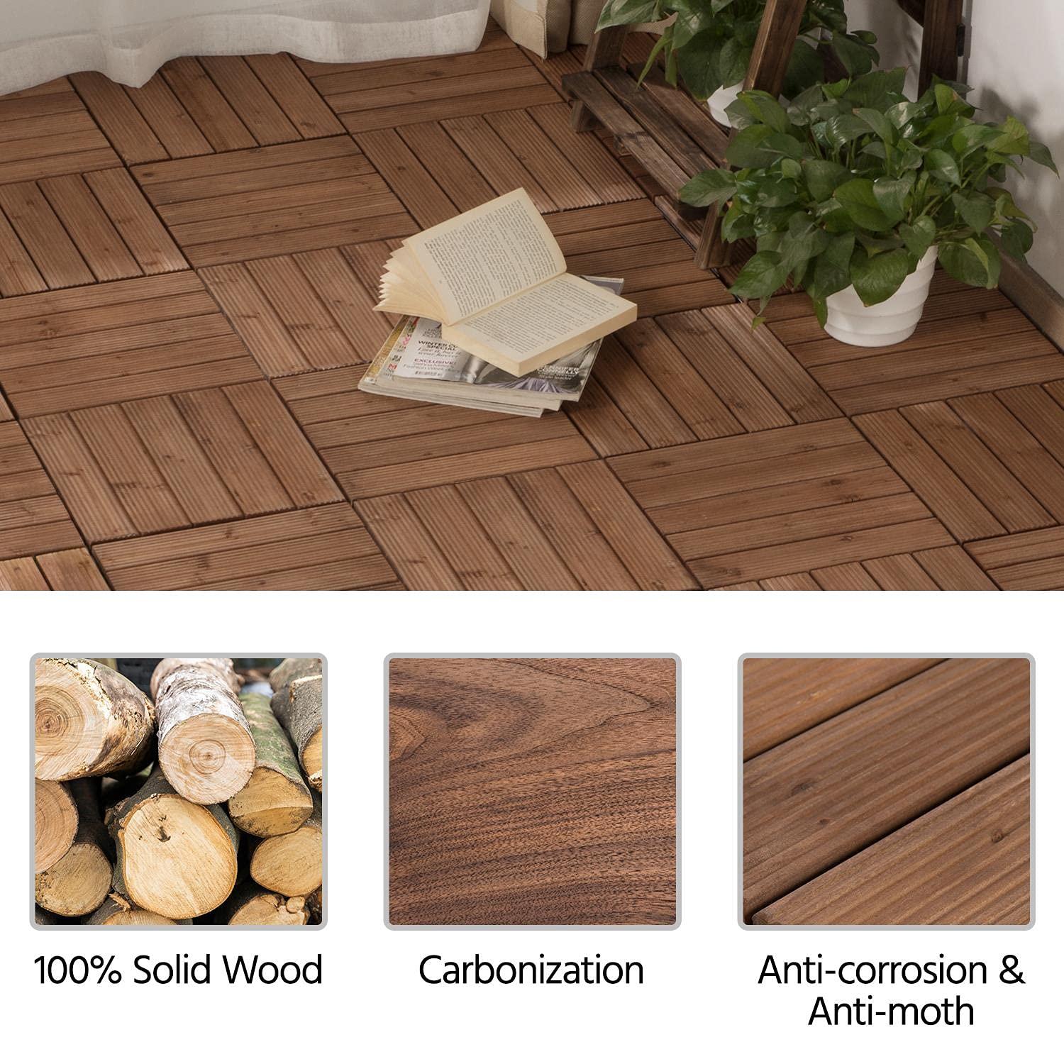 Yaheetech Pack of 27 Fir Wood Flooring Tiles Wood Plastic Interlocking Flooring Tiles Waterproof and Non-Slip, 12''x 12'', Brown