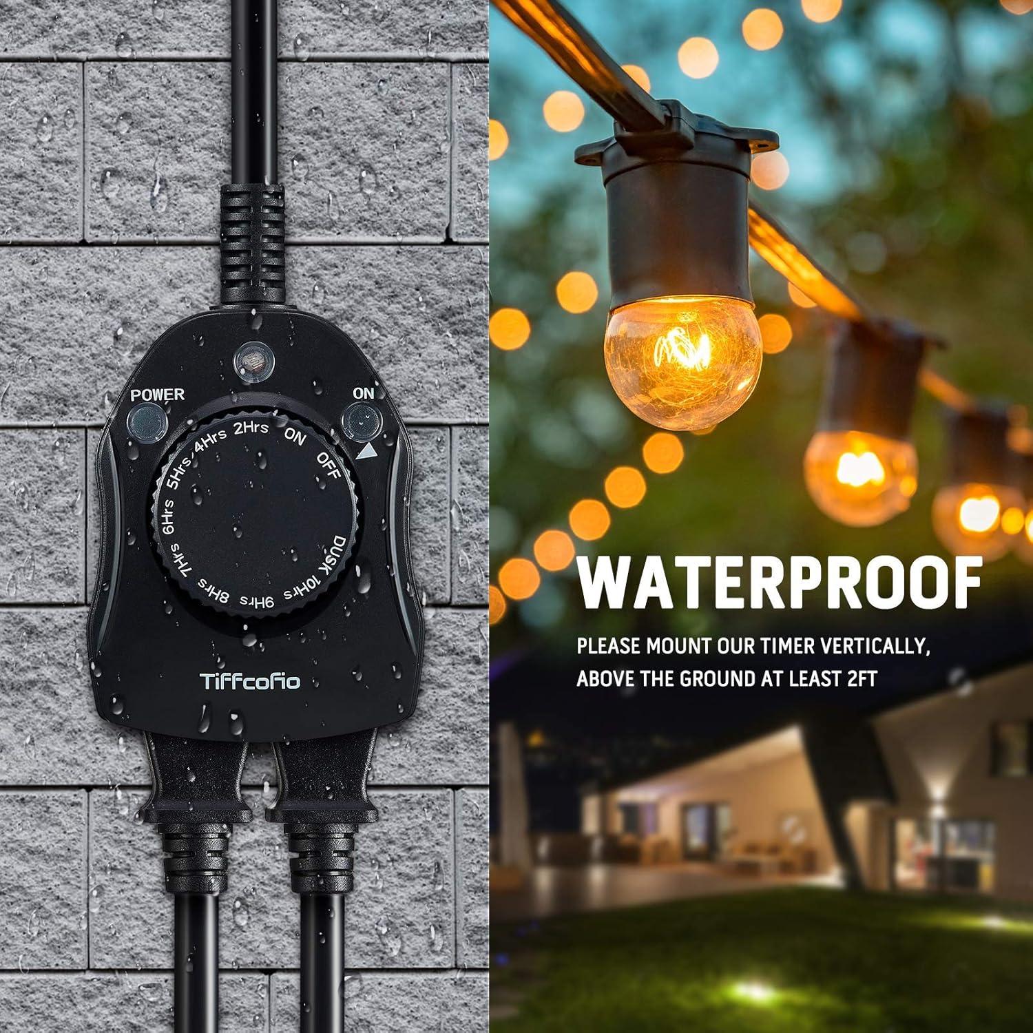 Outdoor Timer Outlet, Dusk to Dawn Light Sensor Timer, Outdoor Light Timer for Electrical Outlets Weatherproof, 2 Grounded Outlets for Christmas Lights, 15A 1/2HP, CSA Listed (1 Pack)