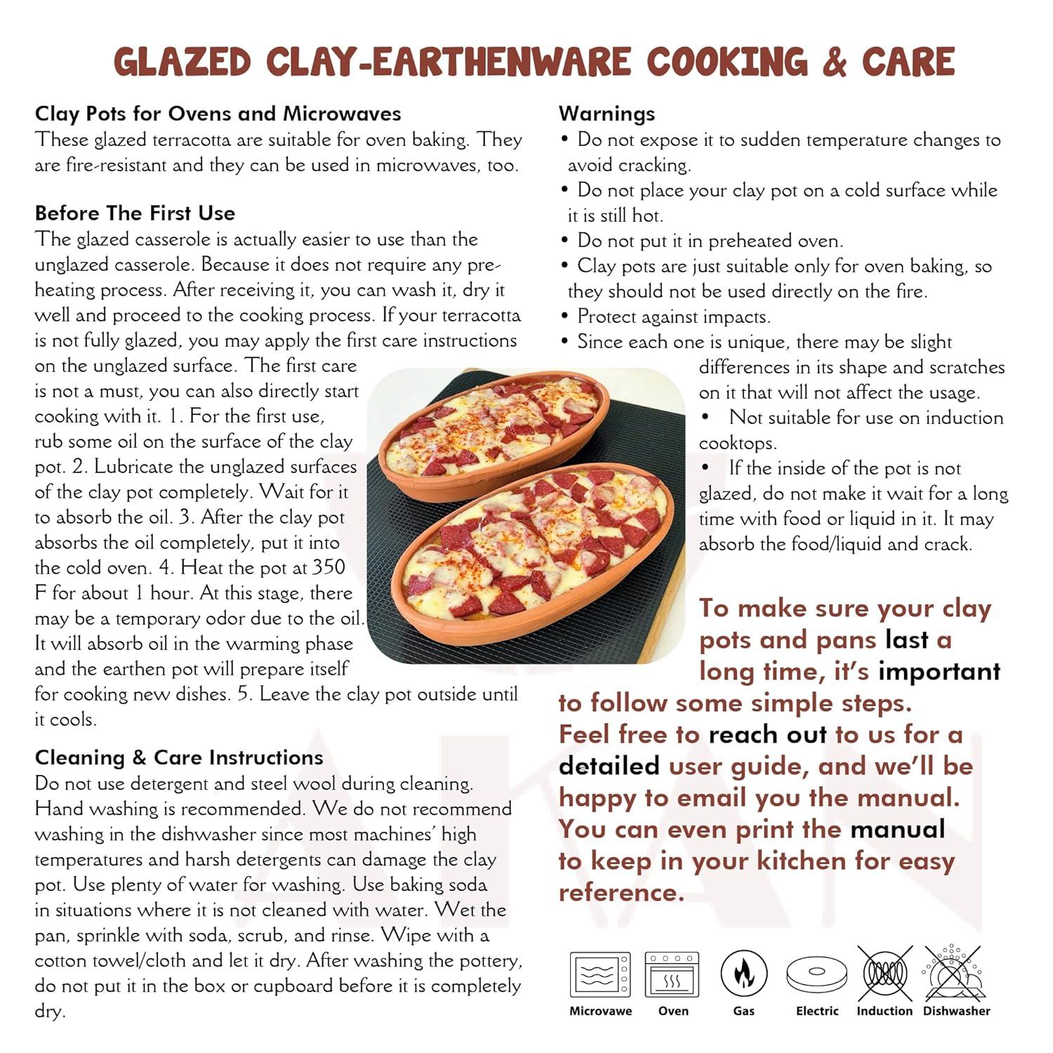 Earthen Clay Yogurt Pot, Glazed Terracotta Cookware, Clay Casserole Dish, 2.5 qt