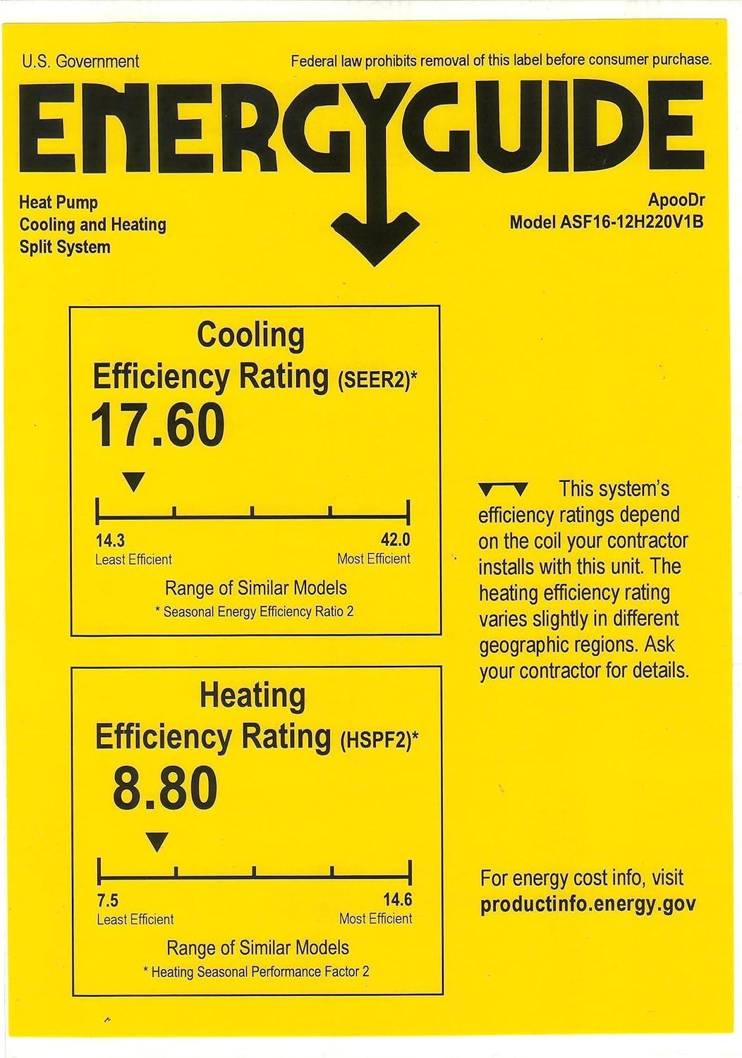 ApooDr 12,000 BTU 17.6 SEER2, 230-Volt, Ductless Mini Split AC with Heat Pump, Wi-Fi, 16Ft. Lineset