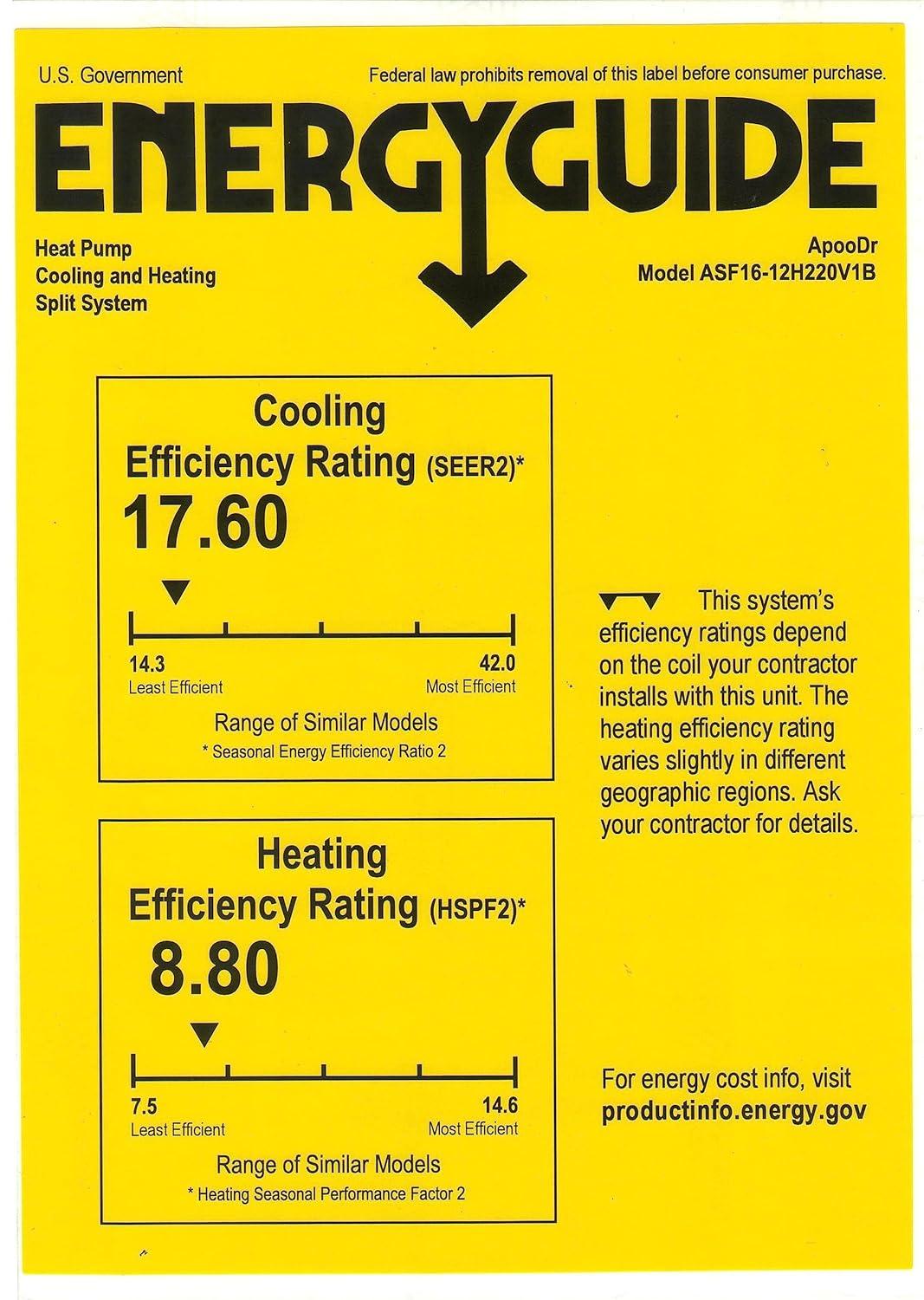 ApooDr ApooDr 12,000 BTU 17.6 SEER2, 230-Volt, Ductless Mini Split AC with Heat Pump, Wi-Fi, 16Ft. Lineset