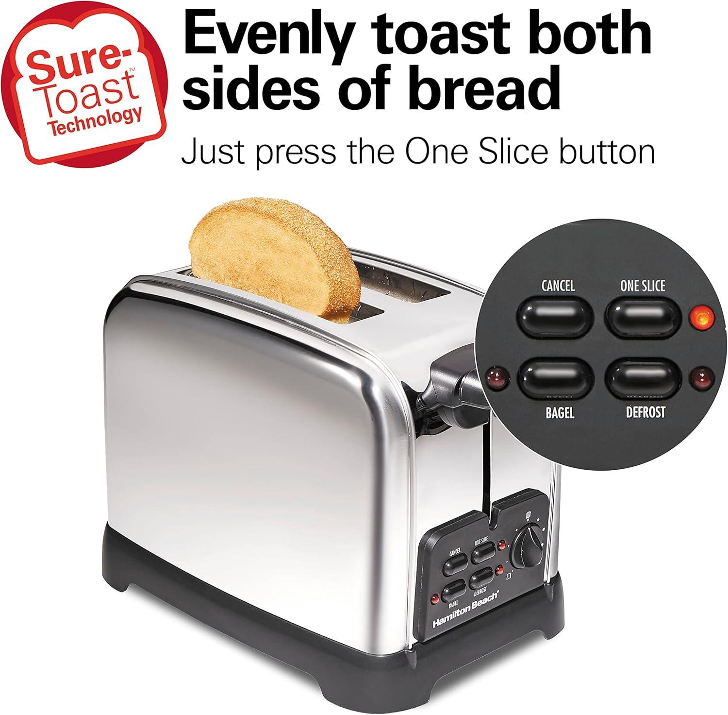 Hamilton Beach 2SL Classic toaster 22782: 2-Slice, 850W, Metal, Silver, Compact Design, 1-Year Warranty