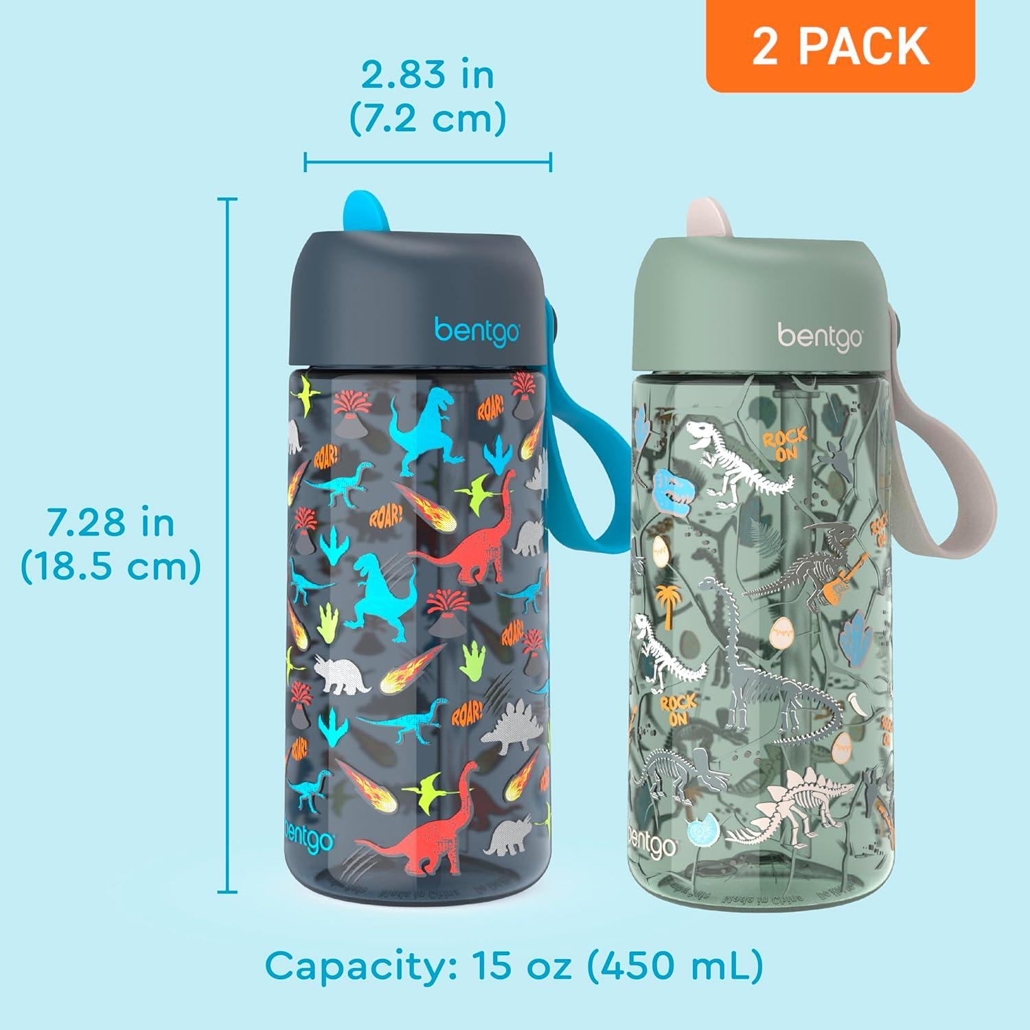 Bentgo® Kids Water Bottle 2-Pack - New, Improved 2023 Leak-Proof BPA-Free 15 oz Cups for Toddlers & Children - Flip-Up Safe-Sip Straw for School, Sports, Daycare, Camp (Dinosaur/Dino Fossils)