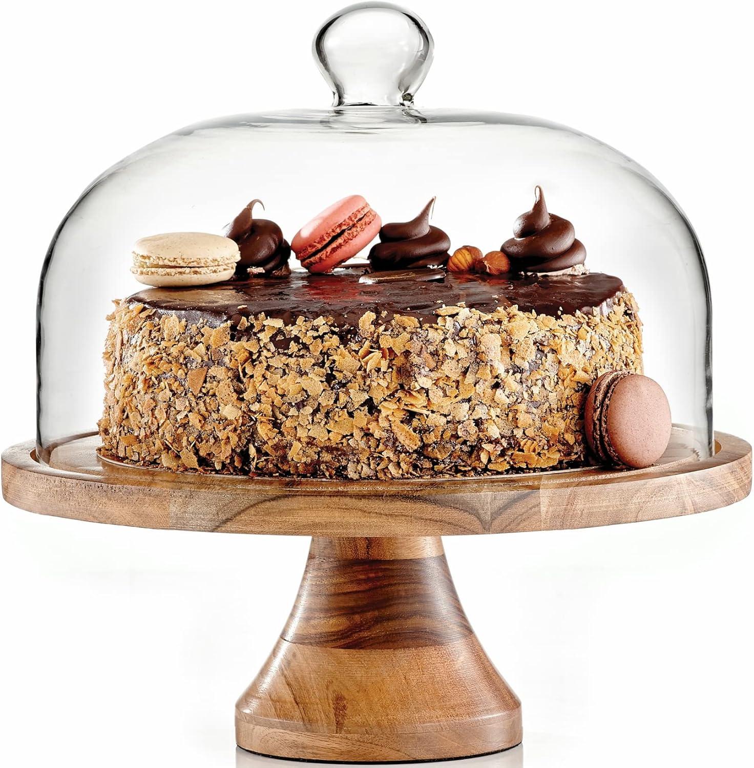 Round Wood Pedestal Cake Stand with Glass Dome