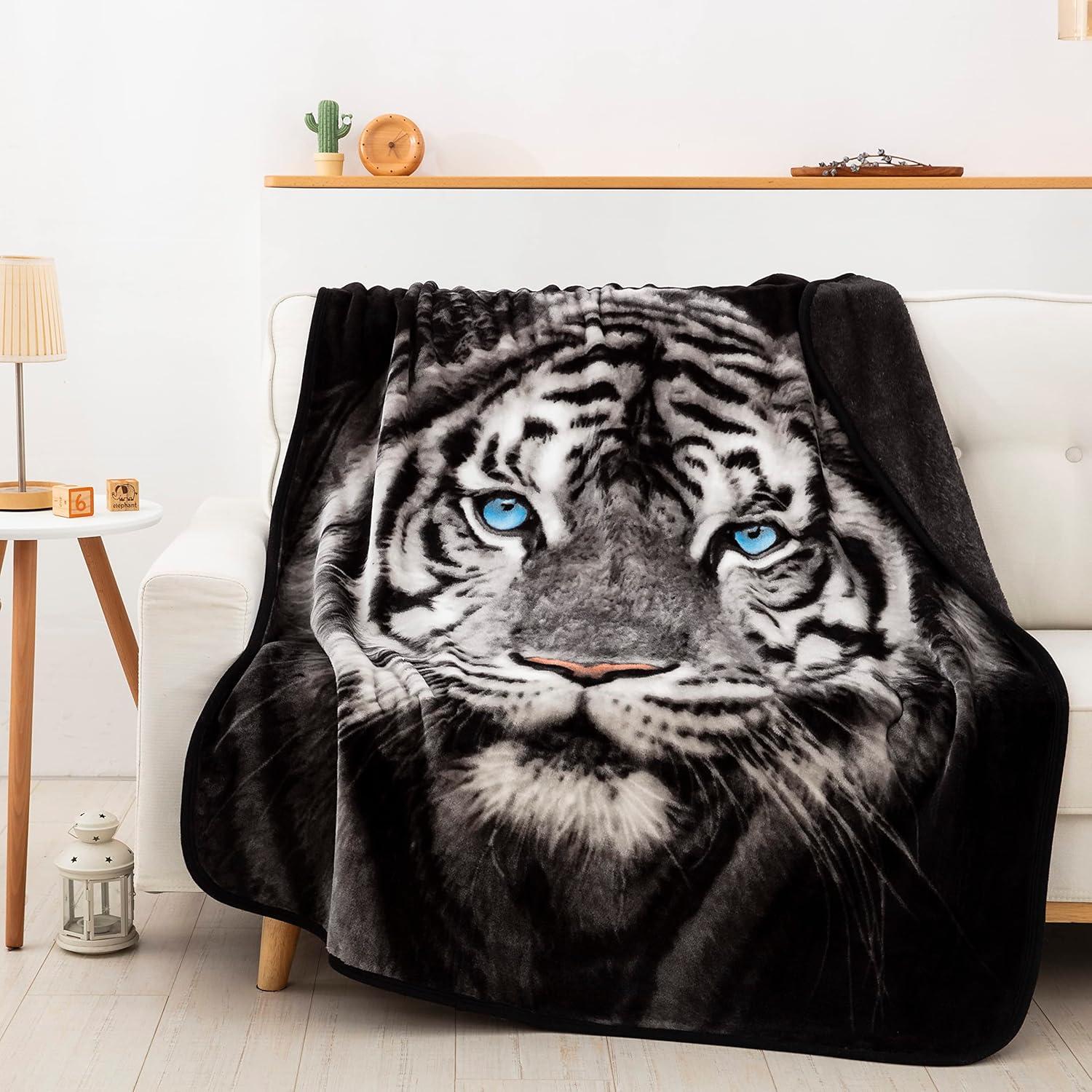 White Tiger Stare Raschel Throw Blanket, 50 x 60 inches