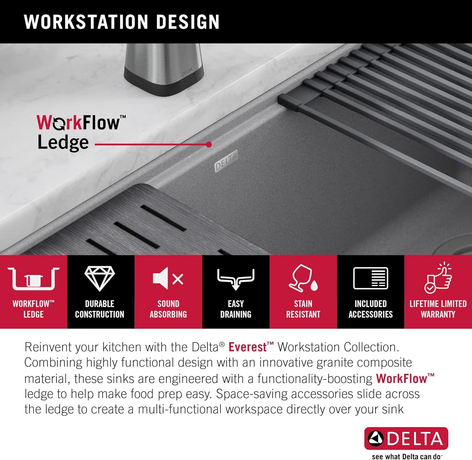 Delta Everest™ 33" L Granite Composite Workstation Kitchen Sink Drop-In Top Mount Single Bowl with WorkFlow™ Ledge