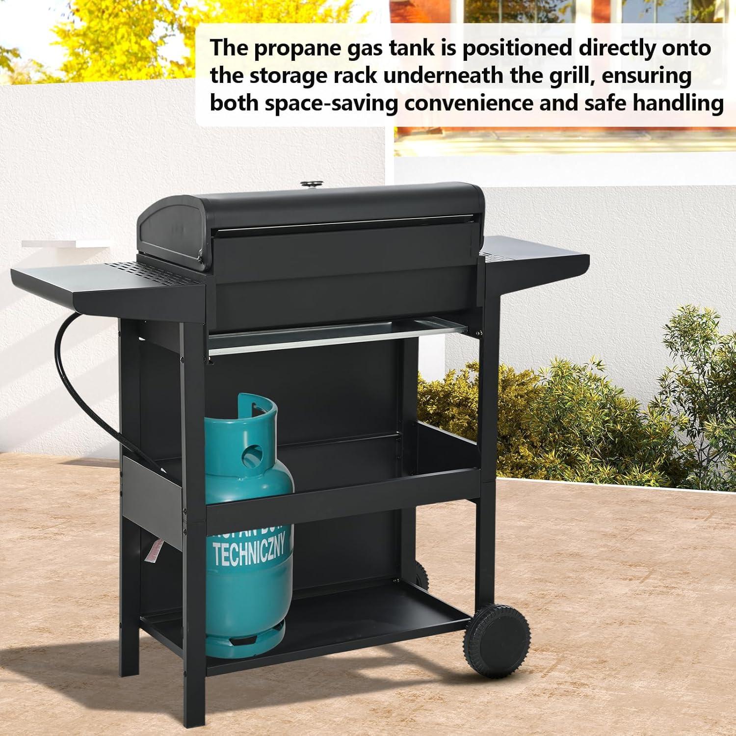 4-Burner Propane Grill with Top Cover Lid, Wheels, Side Tables, Built-in Thermometer, Stainless Steel 34,200 BTU Gas Grill