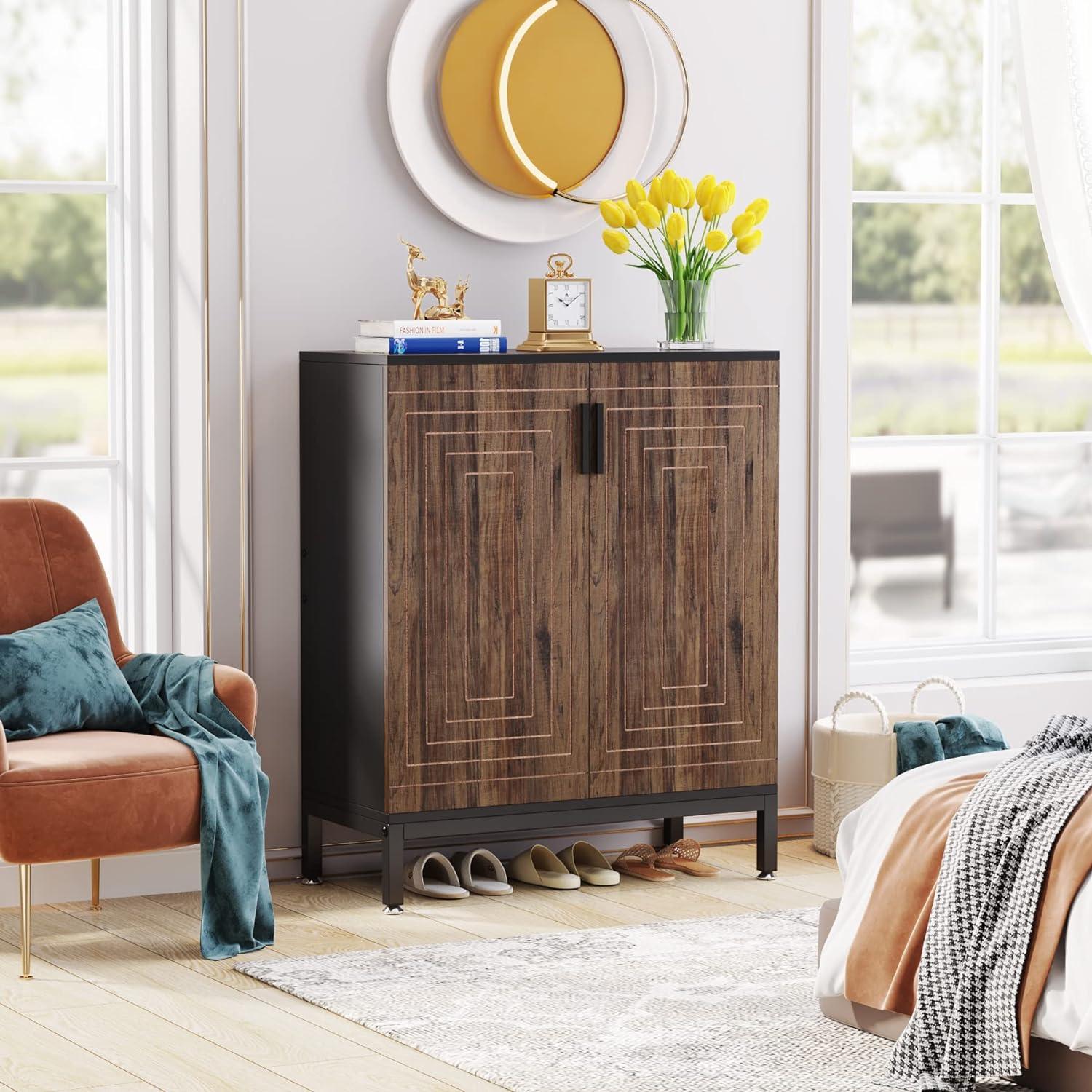 Brown and Black 5-Tier Wood Shoe Cabinet with Doors