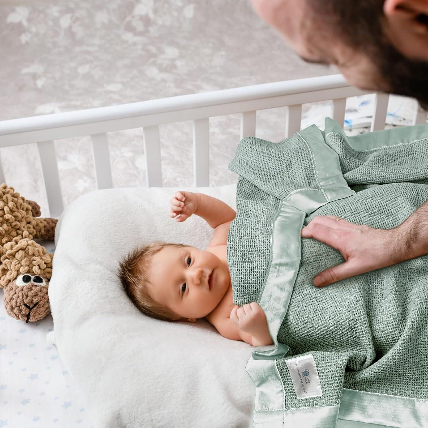 Lulu moon Swaddle Baby Blanket: Waffle Blanket with Satin Trim - Soft Breathable Toddler Blanket Perfect for Nursing Cover and Playtime - Cotton Crib Blanket for Daytime Naps 40"x36"(Sage)