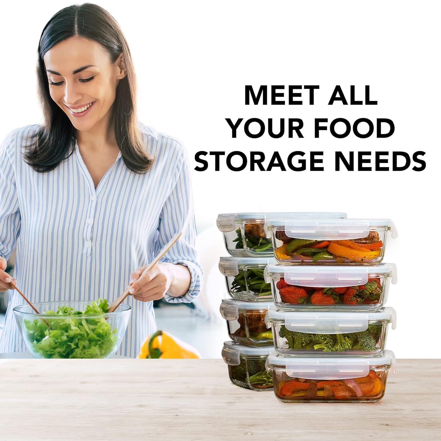 Razab Glass Food Storage Containers with Lids 30 Oz 16 Pc (Set of 8) Airtight Large Reusable Leak Proof BPA Free Food Prep Containers Freezer to Oven Safe