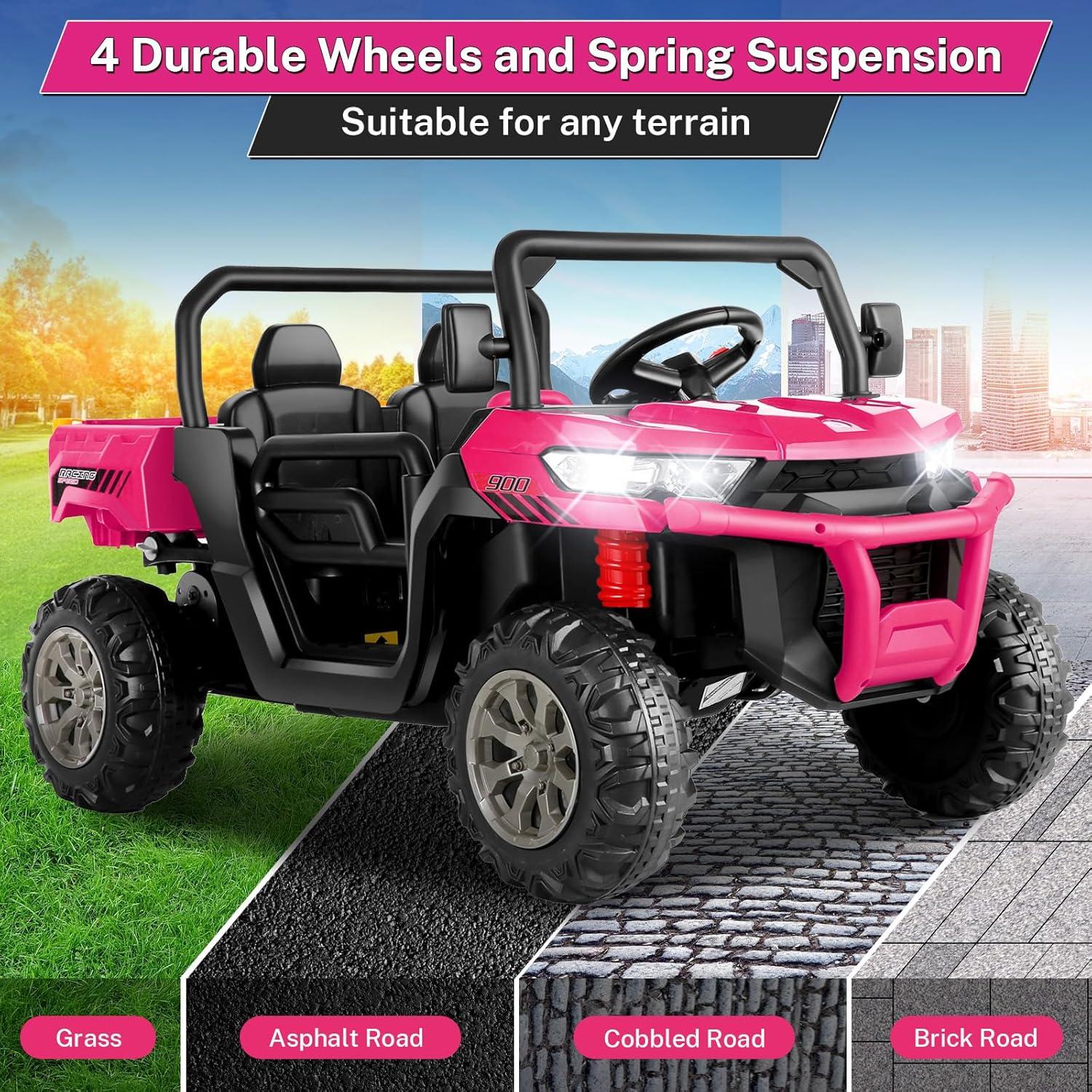 24V Kids Ride on Dump Truck with Remote Control, 2 Seater Powered 4-Wheel UTV Toys, 2x200W Ride on Tractor Car w/ Electric Dump Bed, Shovel, Bluetooth Music, Pink