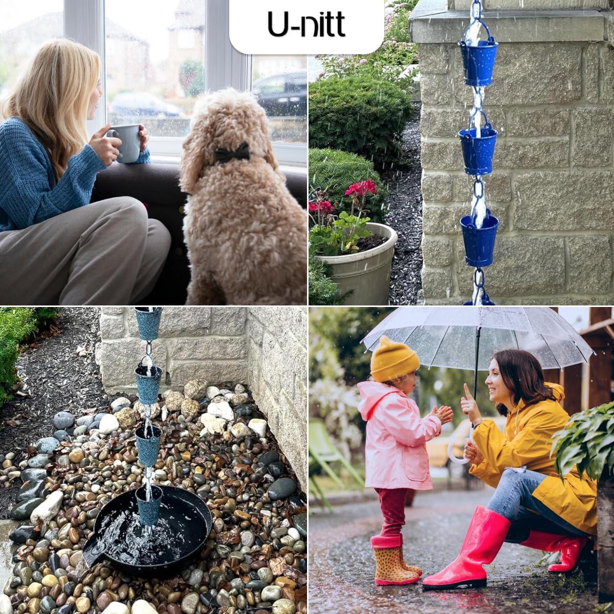 U-nitt Rain Chains, Roof Gutter Downspout Channel, Rainwater Catcher/Diverter, 8.5 FT, Metal, Blue Powder Coated, Farmhouse Bucket, 8146BLU