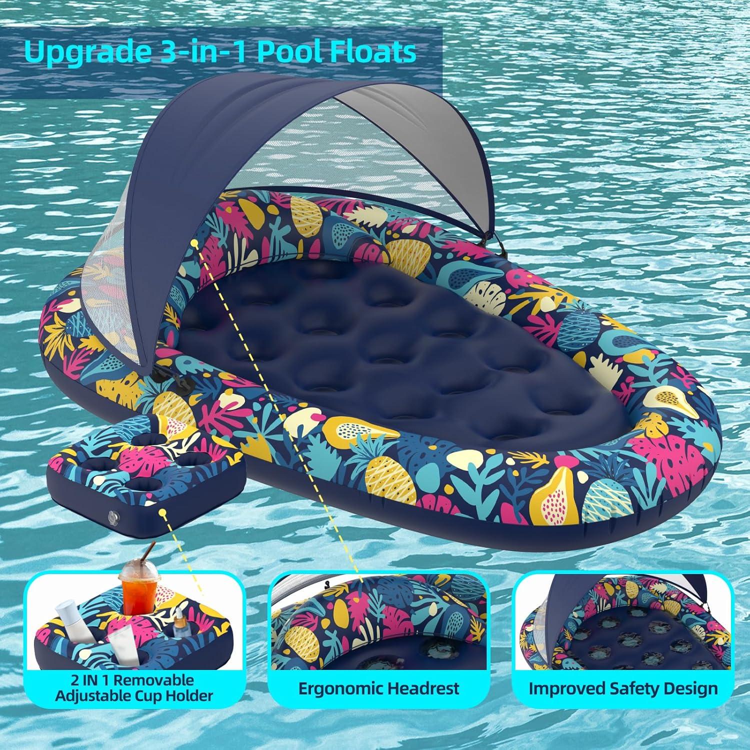 3-in-1 Pool Floats with Canopy Cup Holder, XL Large 73" x 48" Inflatable Pool Floats for Adults Lounger Raft Floating Chair for Swimming Pool Lake Water Lounge Float Beach Pool Party Toys