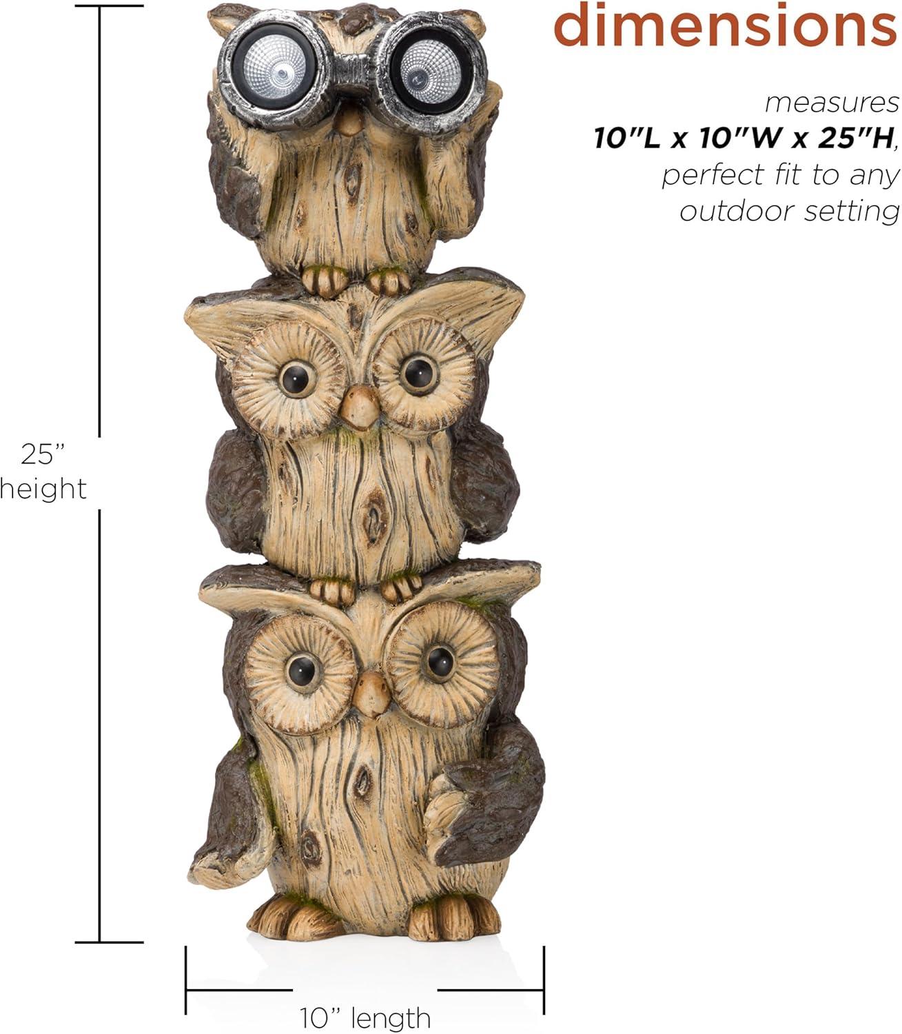 Solar Three Stacked Binocular Owls Polyresin Statue with LED Lights - Alpine Corporation: Garden Decor Sculpture with NiMH Battery